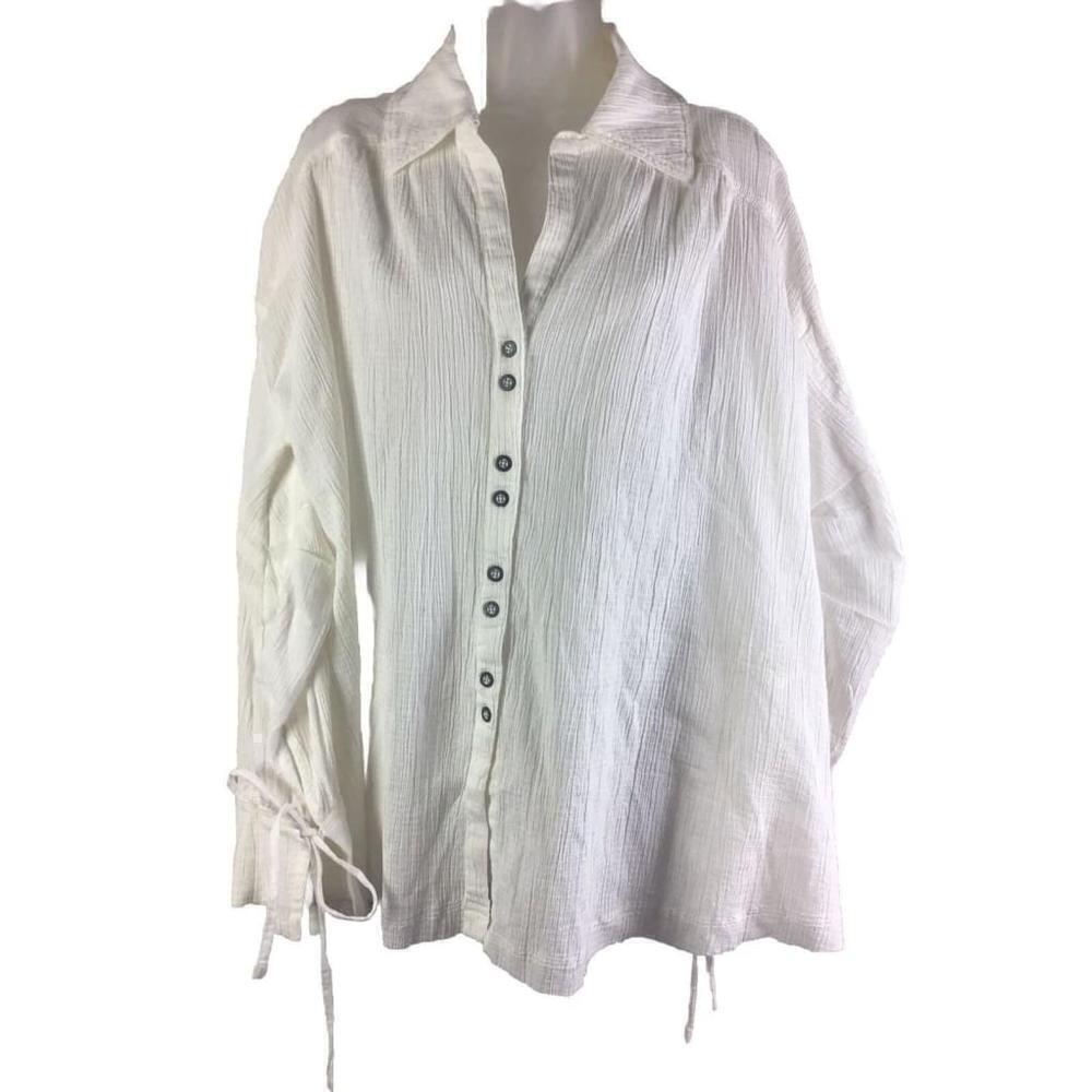 Free People Medium Blouse Button White Oversized Crinkled Button Up Tie Cuffs